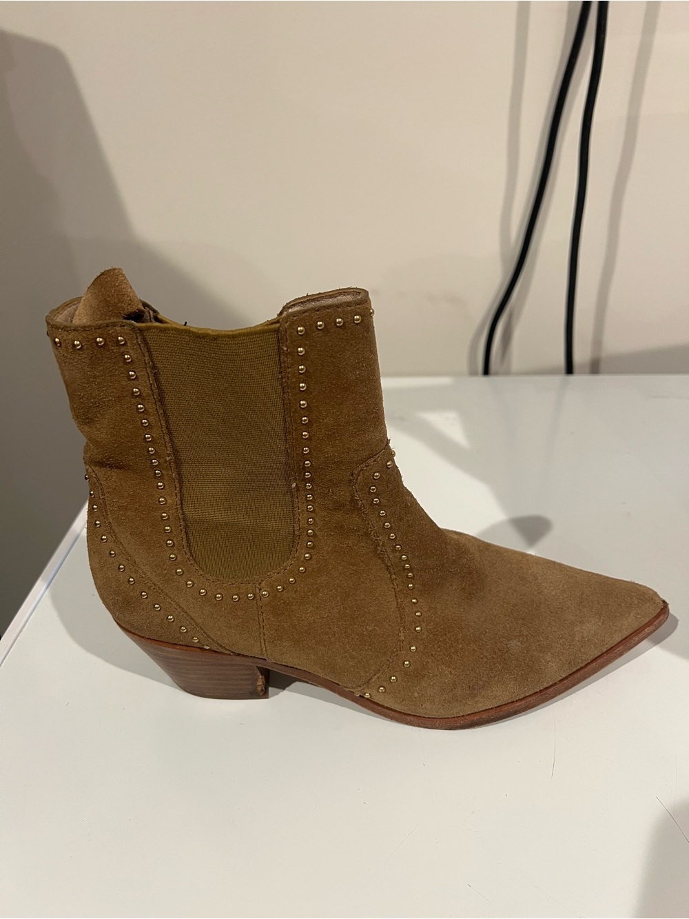 PAIGE Brown Suede Pointed-Toe Studded Ankle Booties - Picture 6 of 7